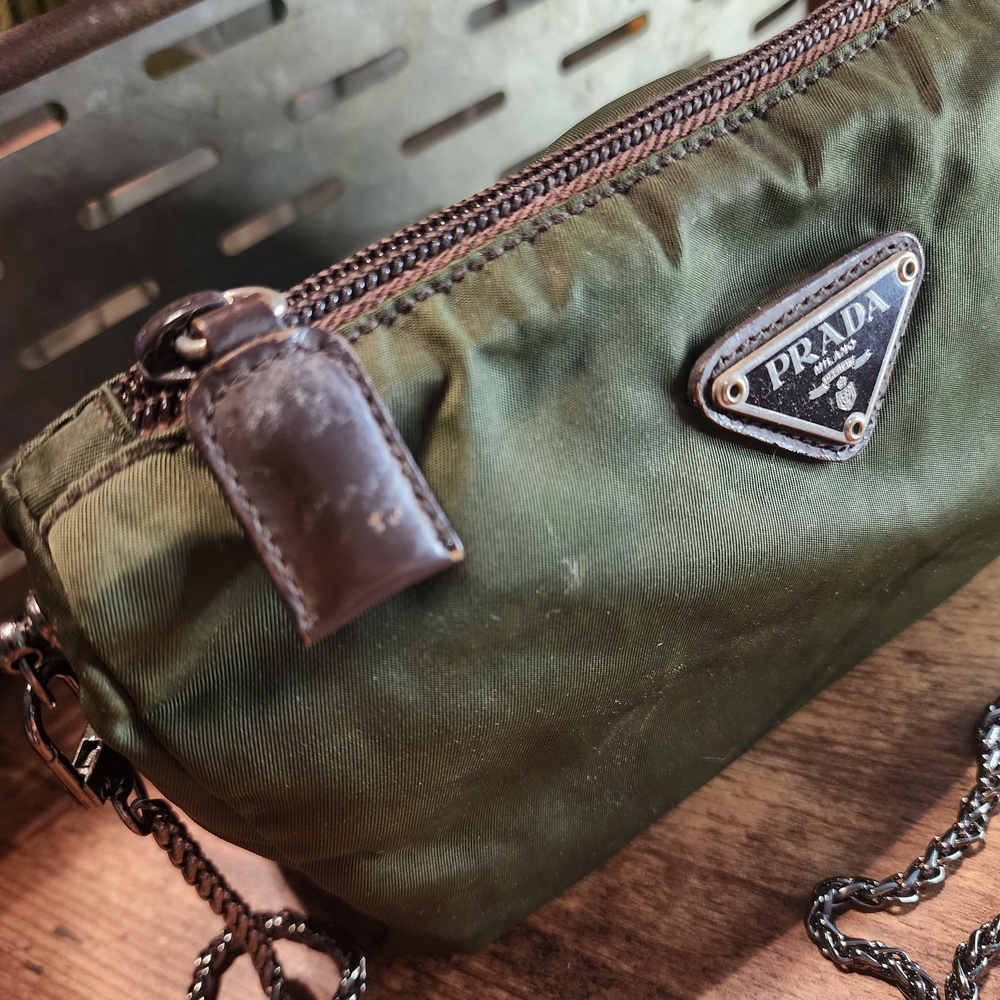 Prada Olive Green Nylon Crossbody with Black Chain Strap - Picture 3 of 16
